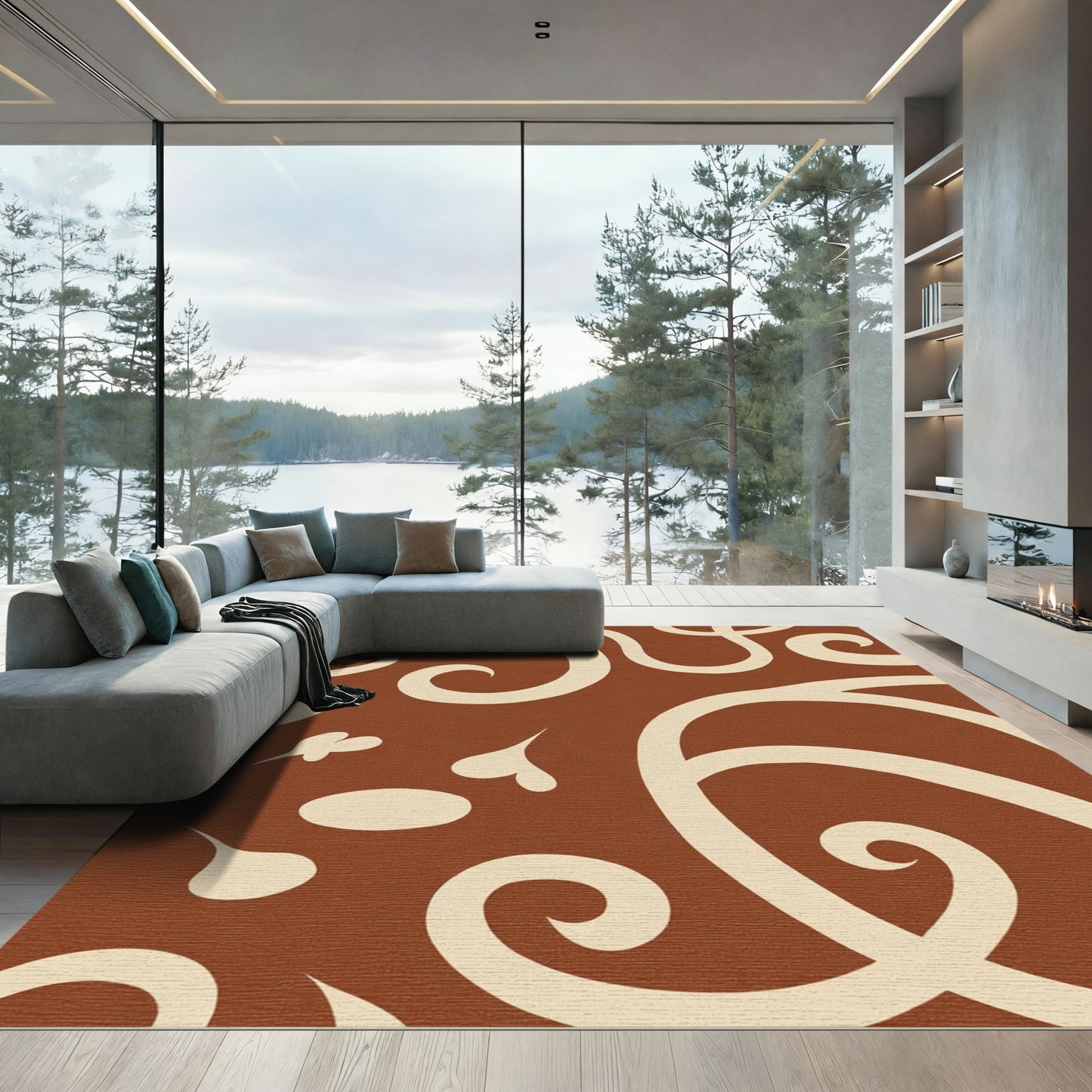 Cream Swirls on Rustic Brown Field Rug