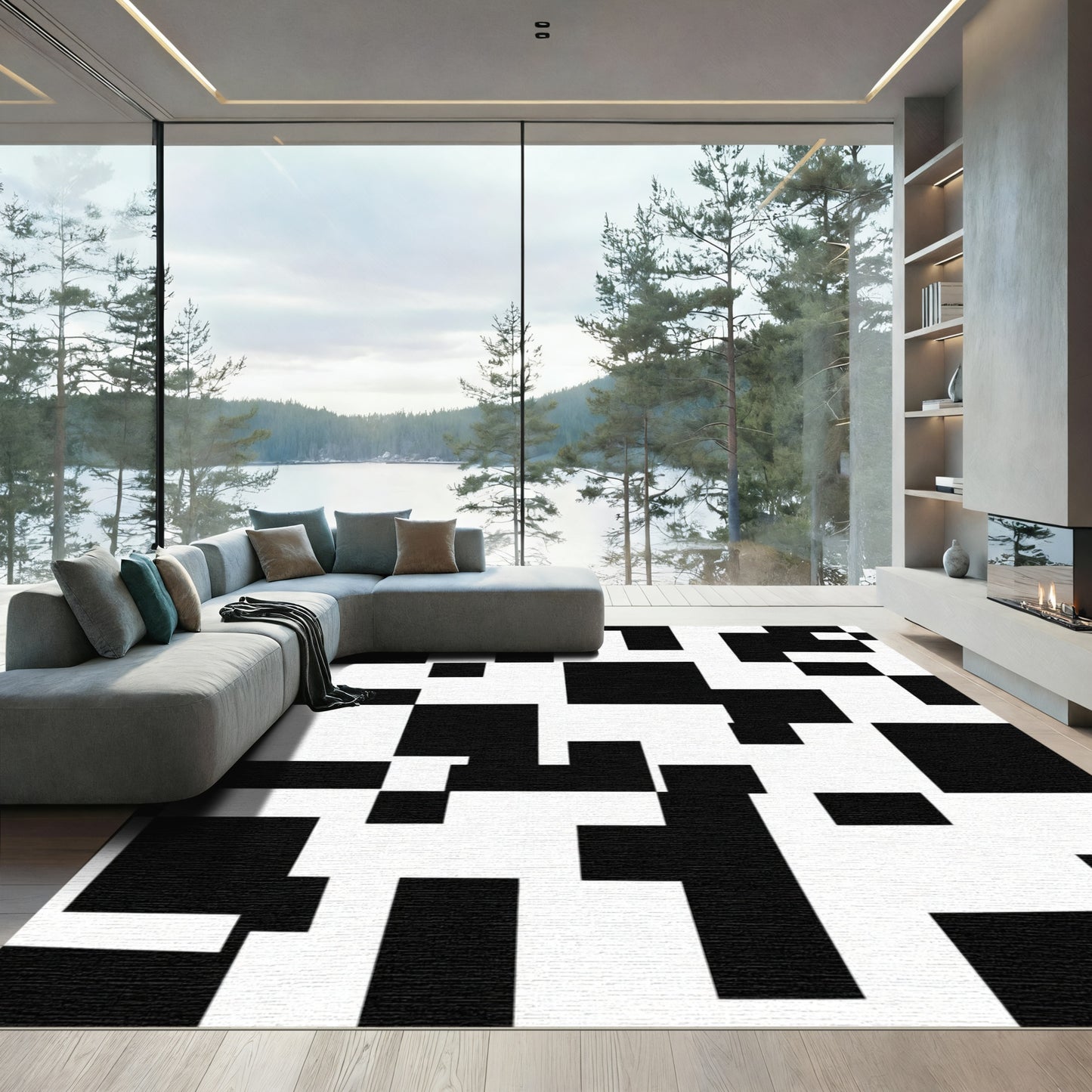 Bold Black White Geometric Composition Rug