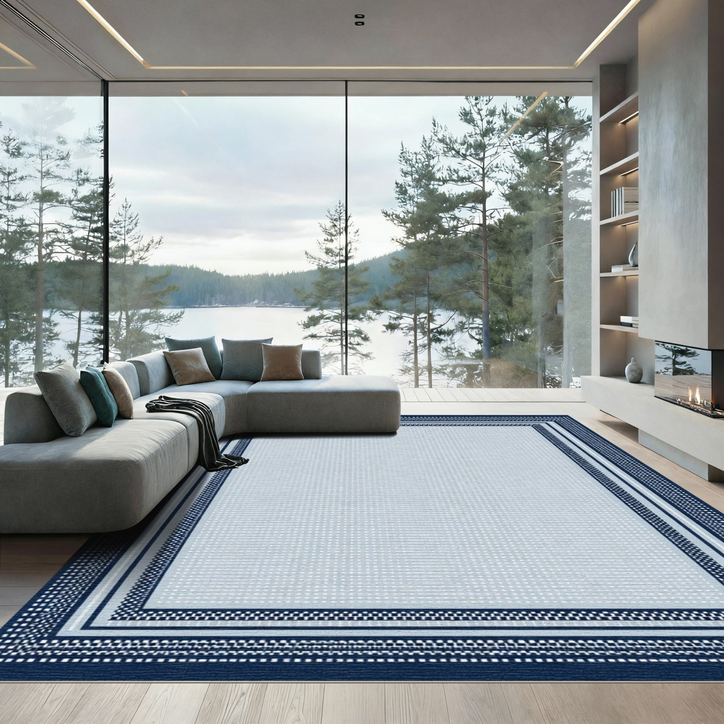 Navy Blue White Layered Stripe Rug
