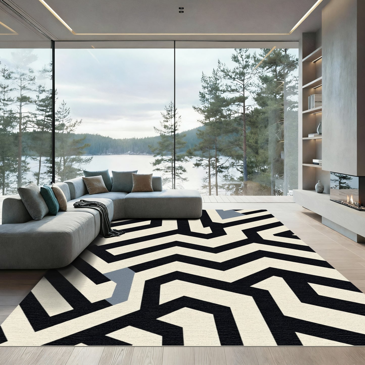Black Cream Geometric Maze Rug
