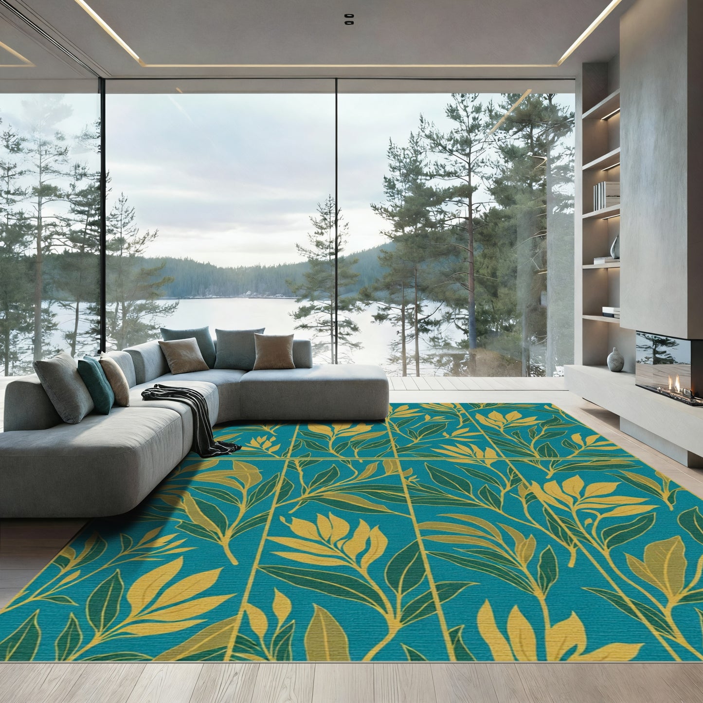 Teal Gold Leafy Branch Branches Rug