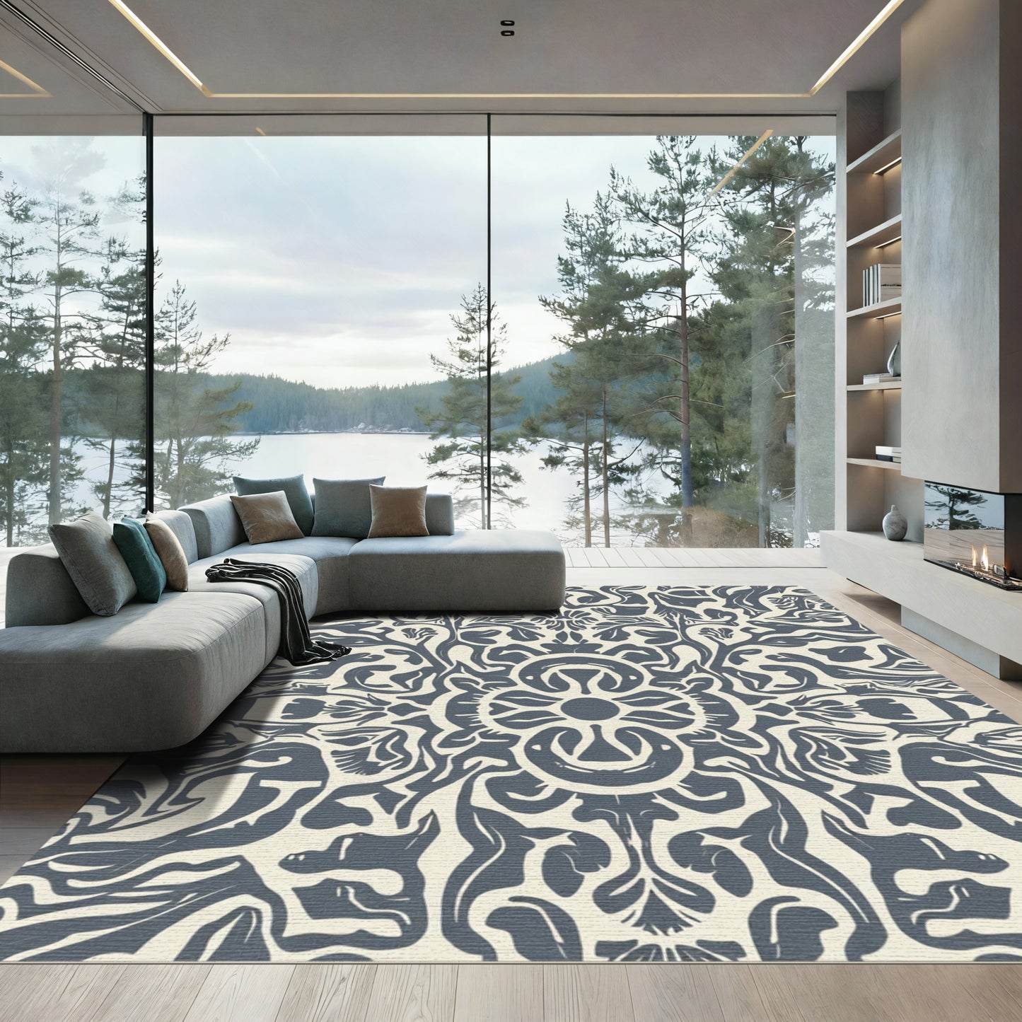 Cream Teal Abstract Ornamental Scroll Rug