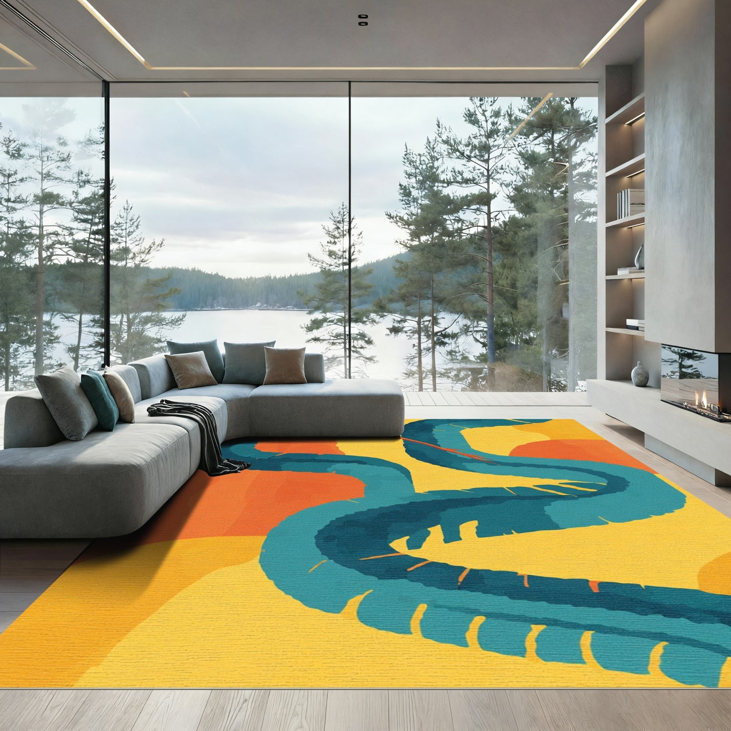 Teal Snake Orange Yellow Background Rug