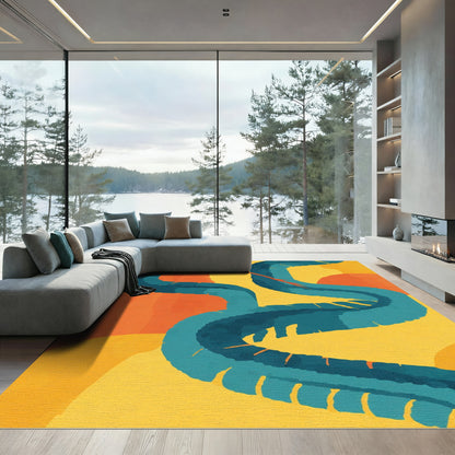 Teal Snake Orange Yellow Background Rug