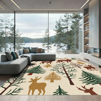 Woodland Deer Forest Winter Scene Rug