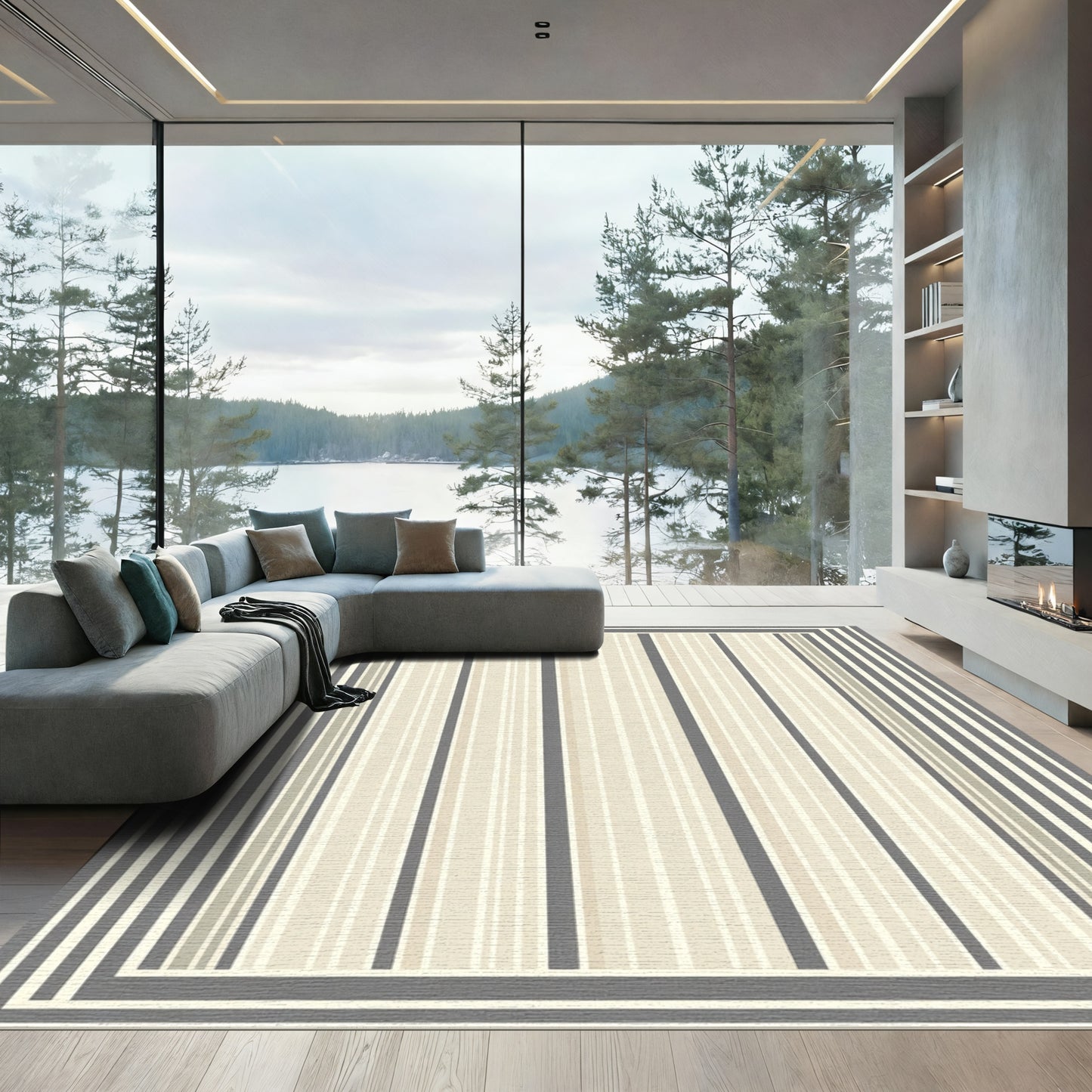 Neutral Stripe Border Geometric Rug