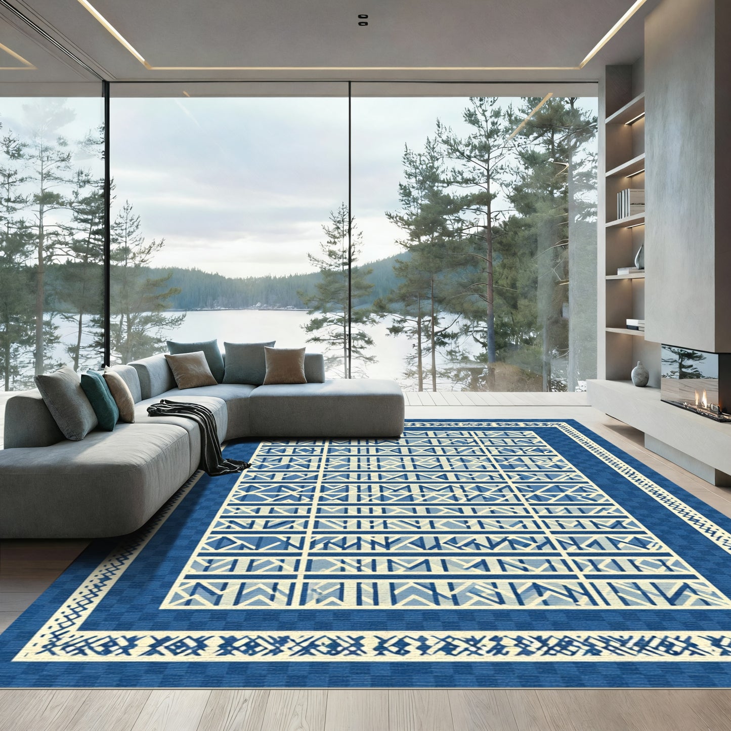 Navy Cream Geometric Lattice Border Rug
