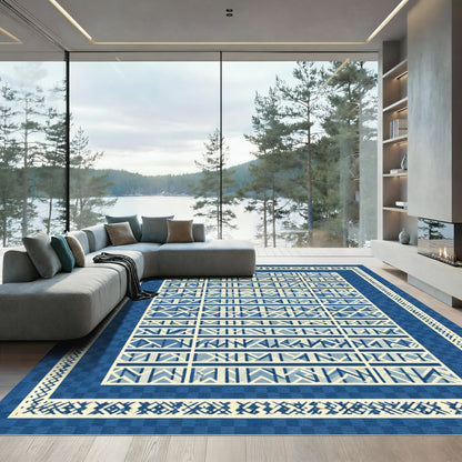 Navy Cream Geometric Lattice Border Rug