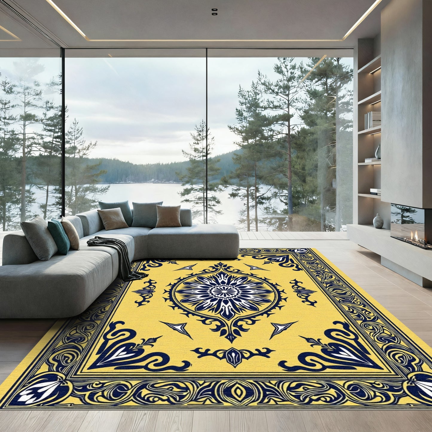 Golden Yellow Floral Medallion Border Rug