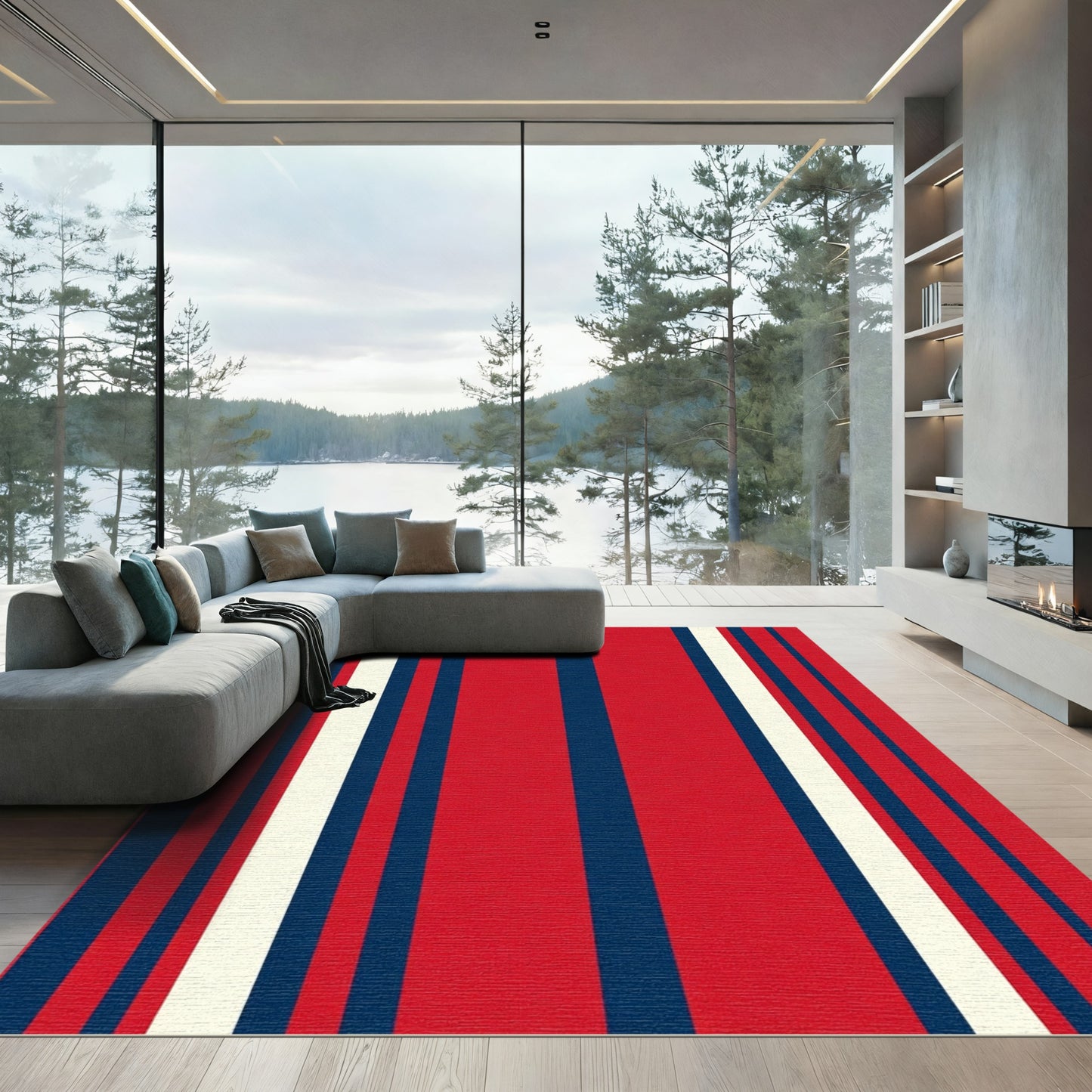 Bold Red Cream Navy Stripe Rug