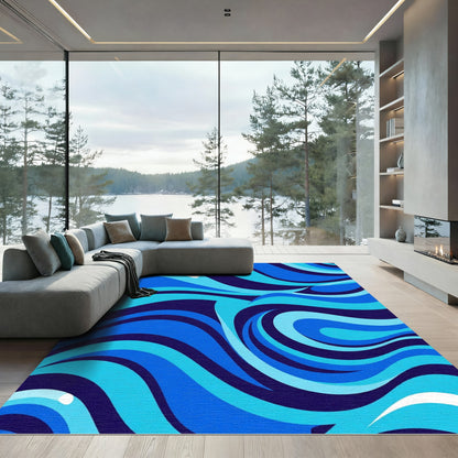 Deep Blue Flowing Wave Abstract Rug