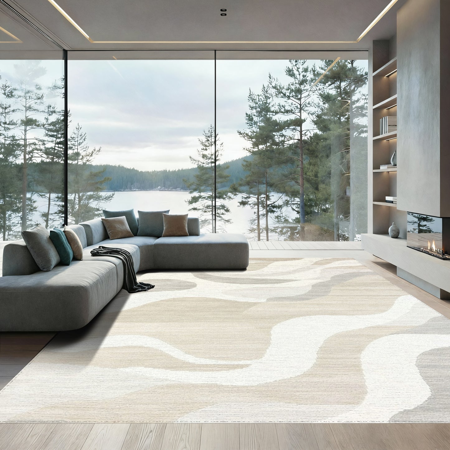 Beige Gray Abstract Waves Rug