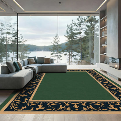 Elegant Navy Golden Floral Scroll Border Rug