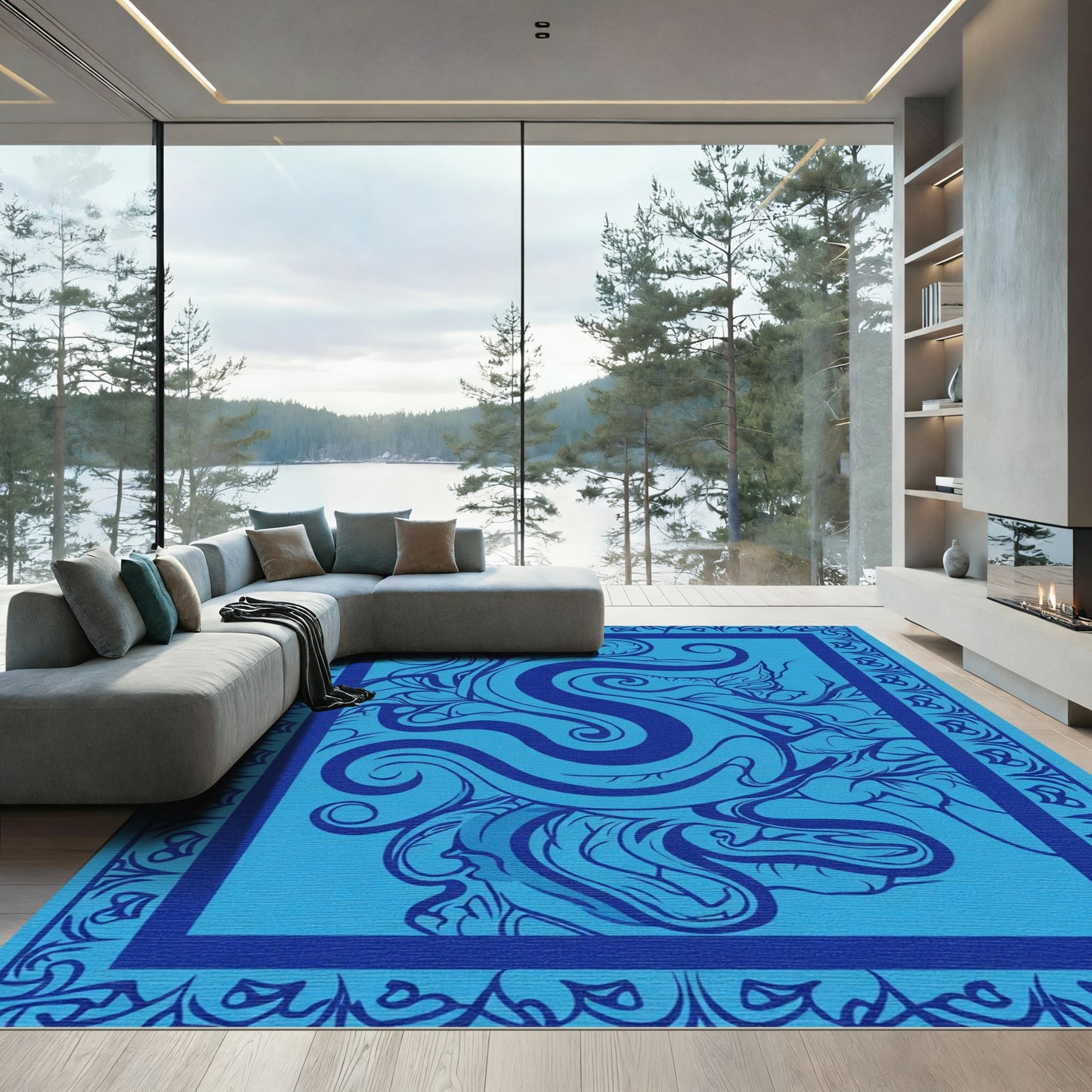 Oceanic Swirls Deep Blue Medallion Rug