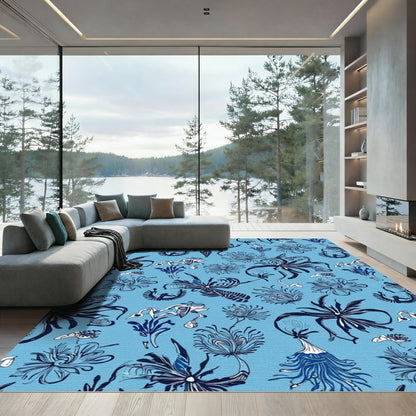 Deep Blue Abstract Floral Swirl Rug