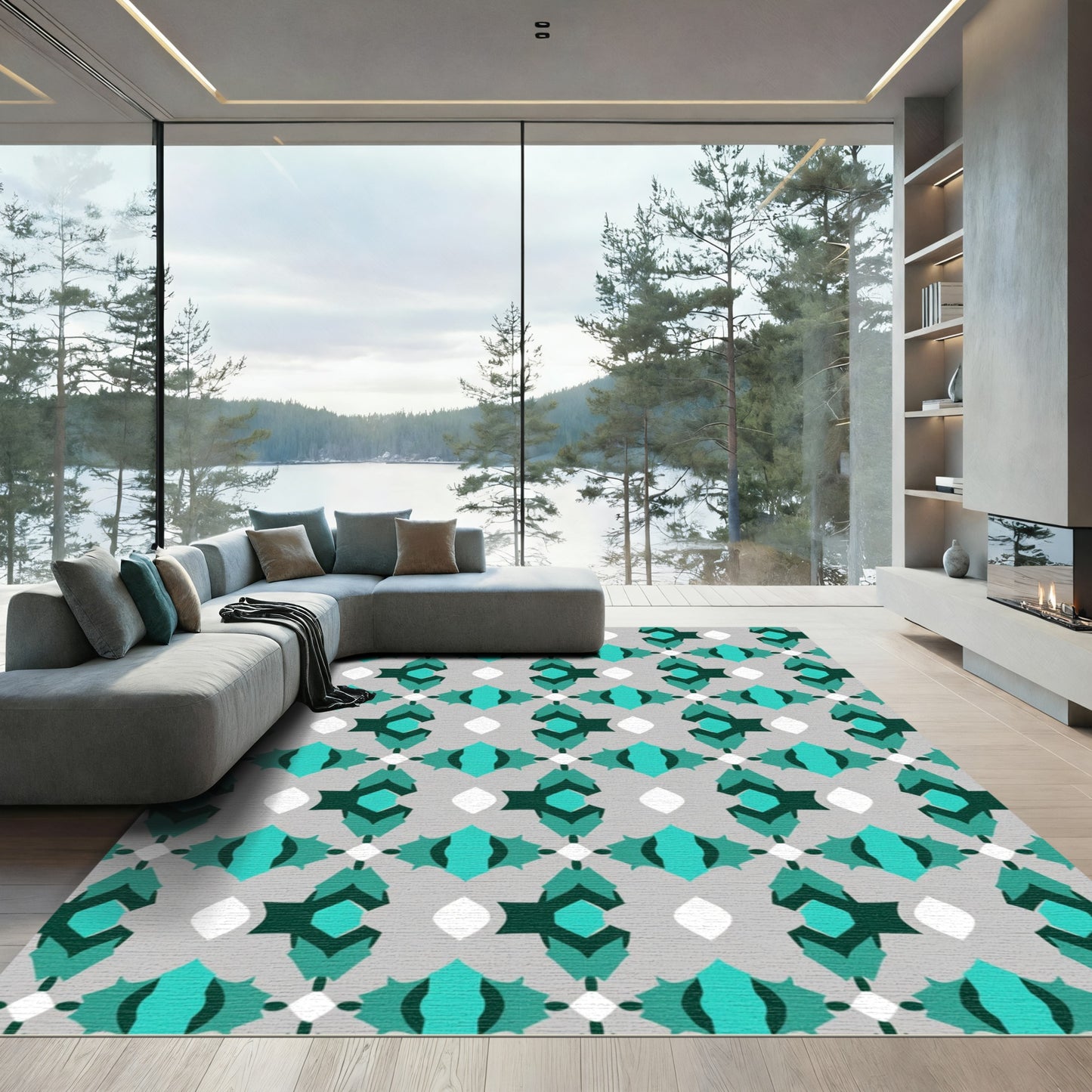 Teal Gray Geometric Medallion Rug