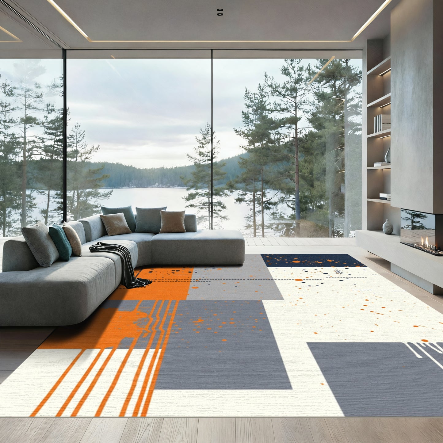 Orange Blue Gray Splatter Geometric Blocks Rug