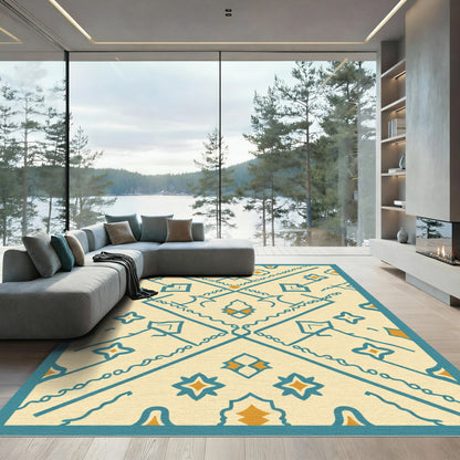 Cream Teal Abstract Diamond Geometric Rug