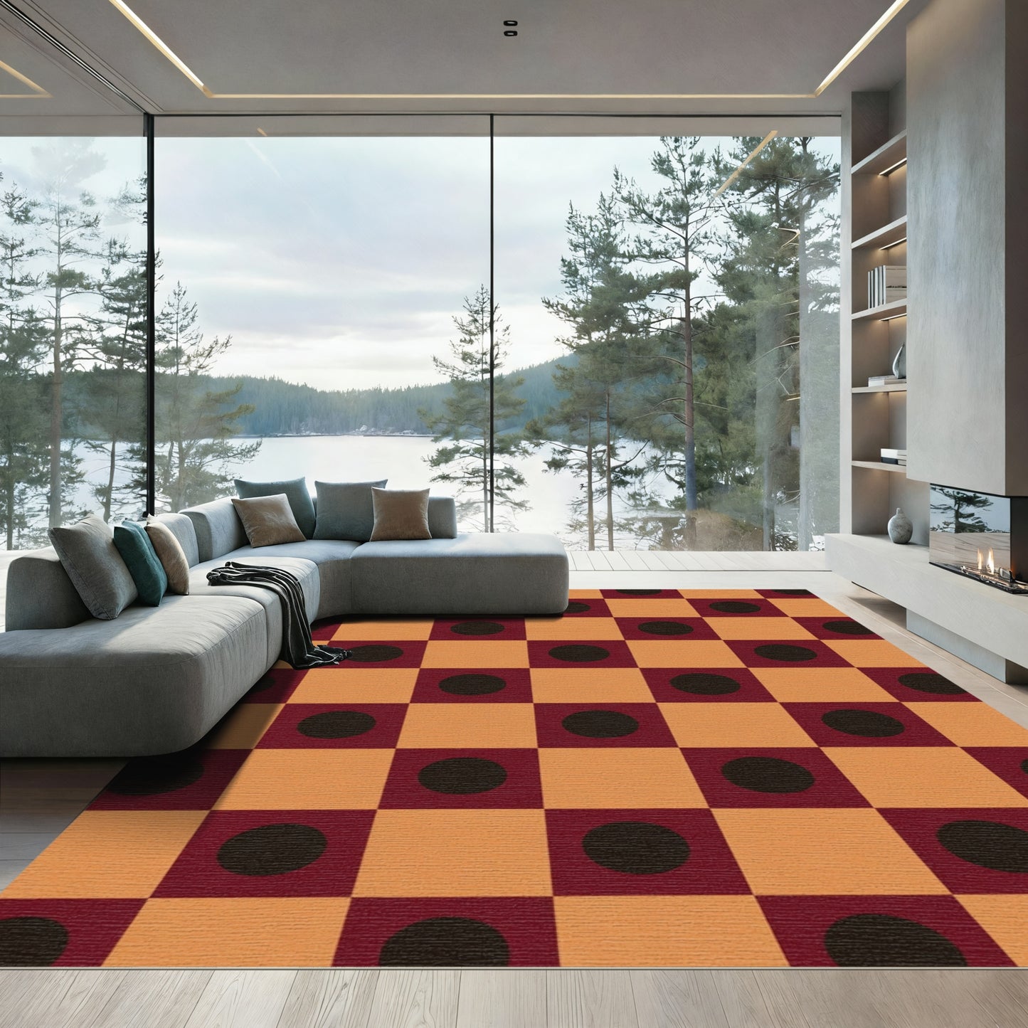Orange Burgundy Dot Checkerboard Rug