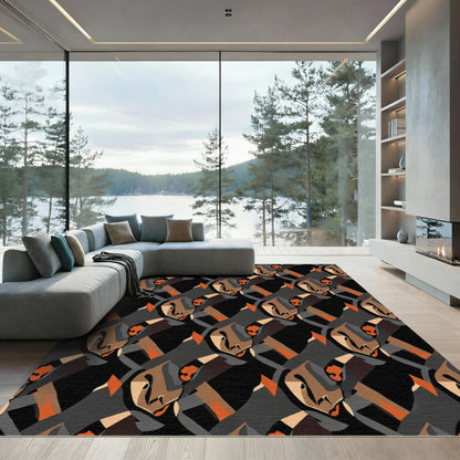 Abstract Cubist Faces Black Orange Rug