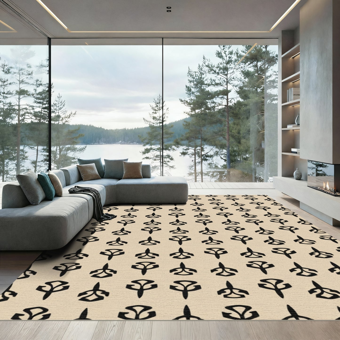 Black Abstract Hieroglyph Beige Rug