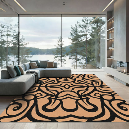 Black Tan Abstract Tribal Swirl Rug