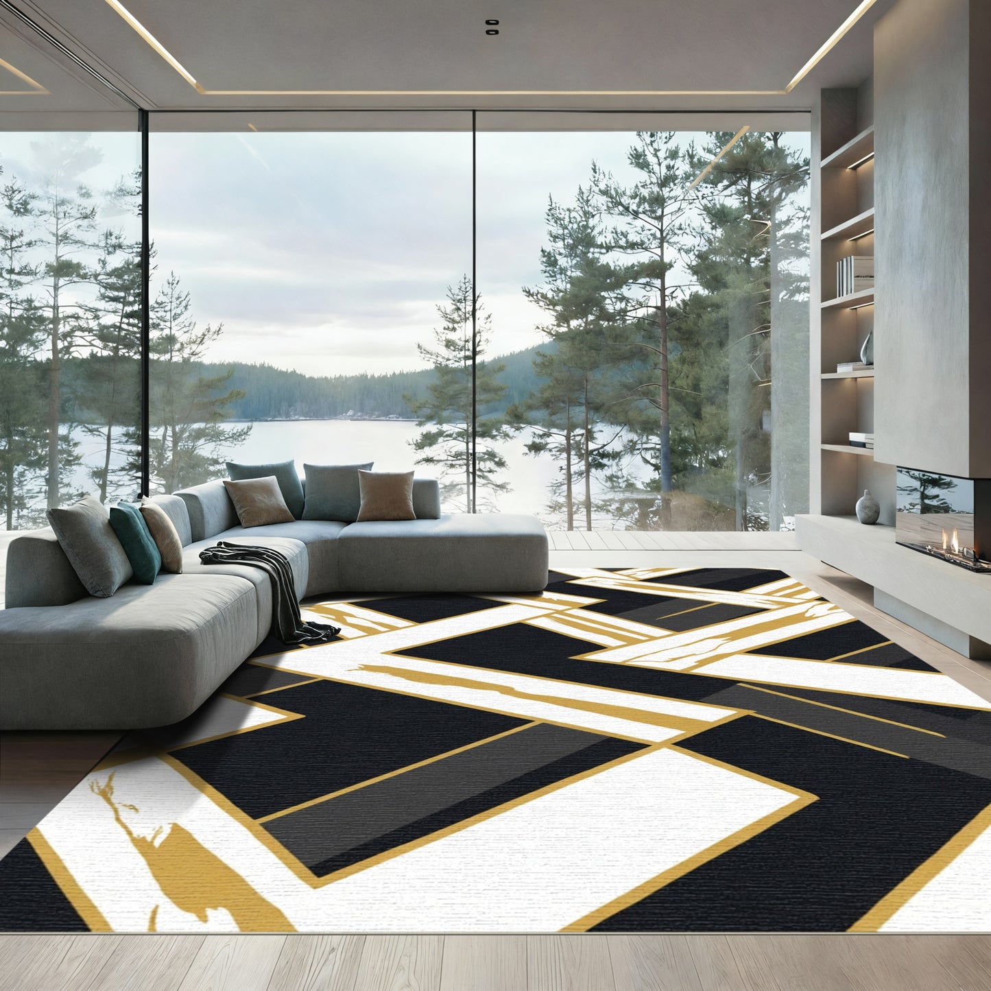 Modern Black Gold Geometric Abstract Rug
