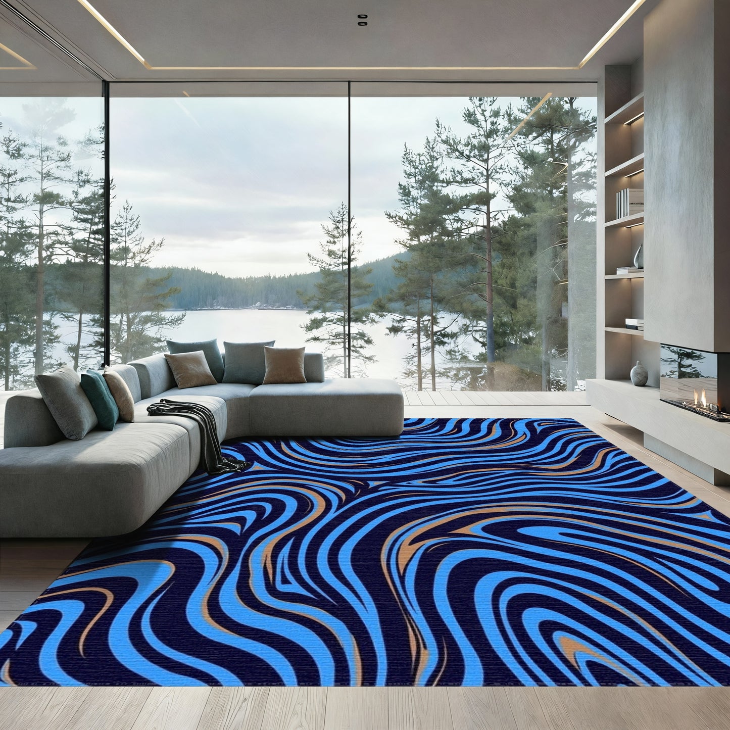 Navy Gold Wavy Swirl Rug
