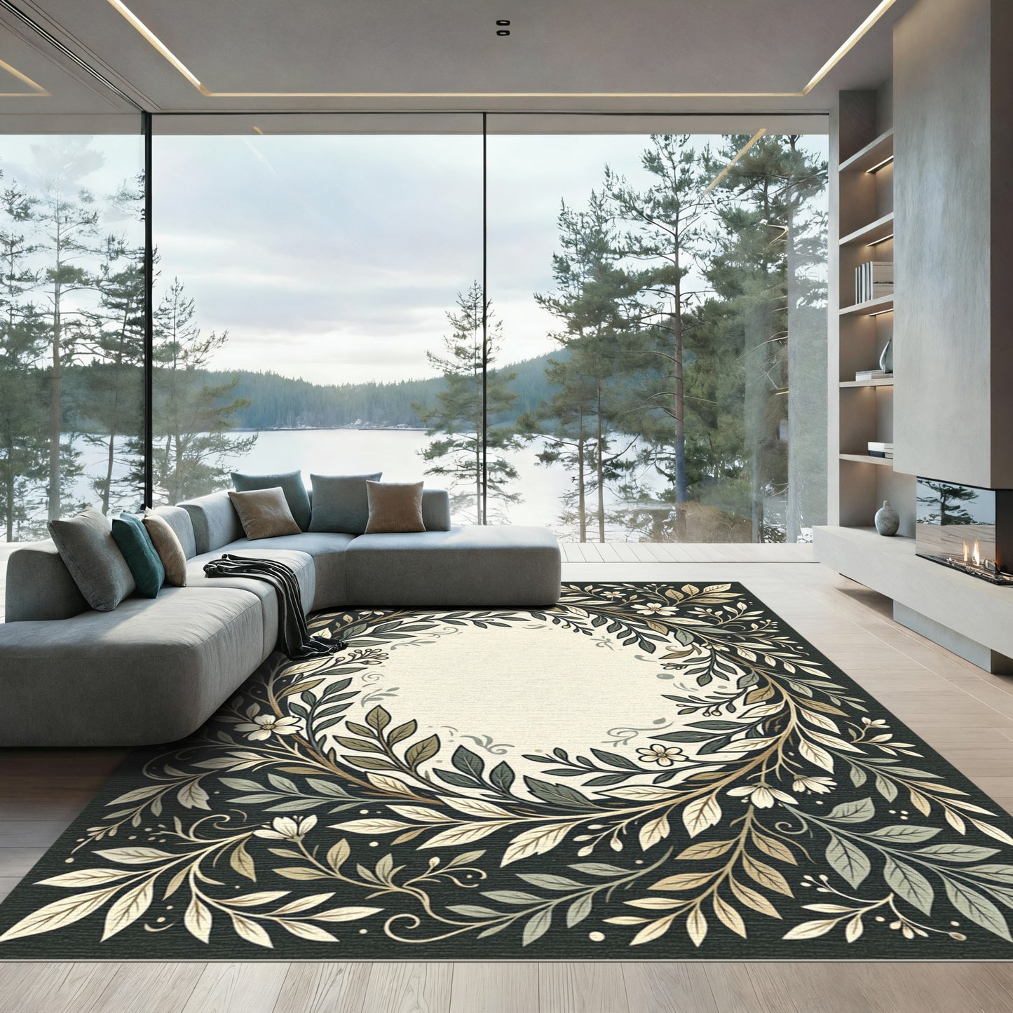 Earthy Tone Botanical Wreath Rug