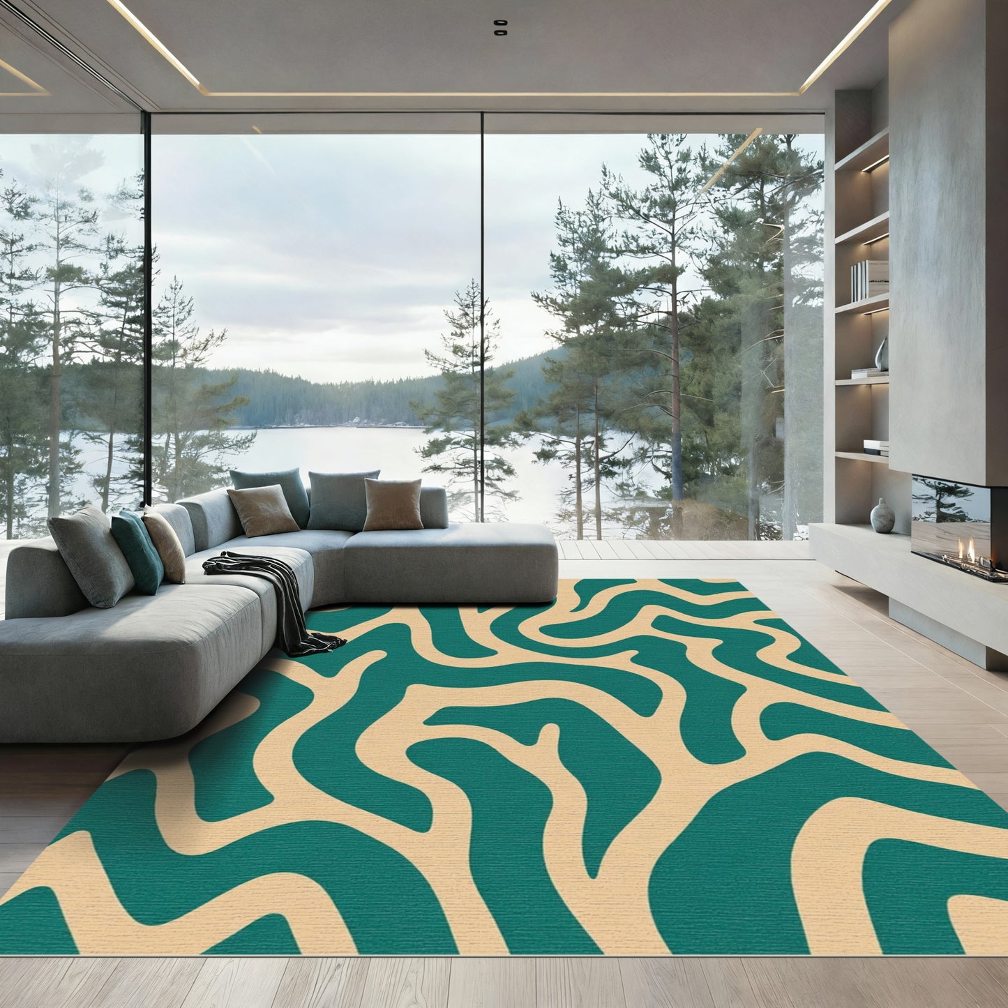 Teal Beige Abstract Wavy Lines Rug