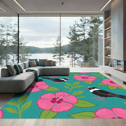 Tropical Pink Hibiscus Bird Garden Rug