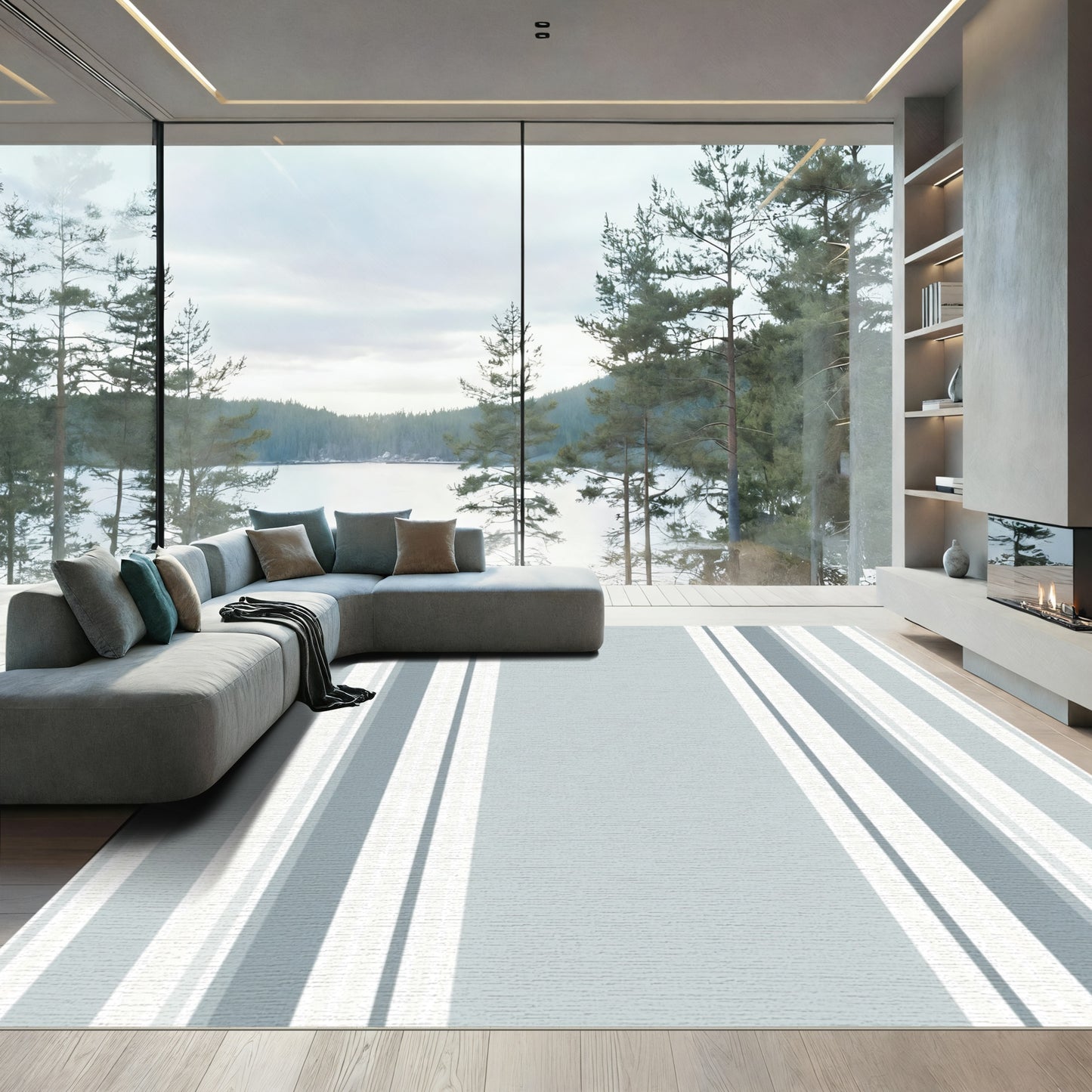 Soft Gray White Vertical Stripe Rug