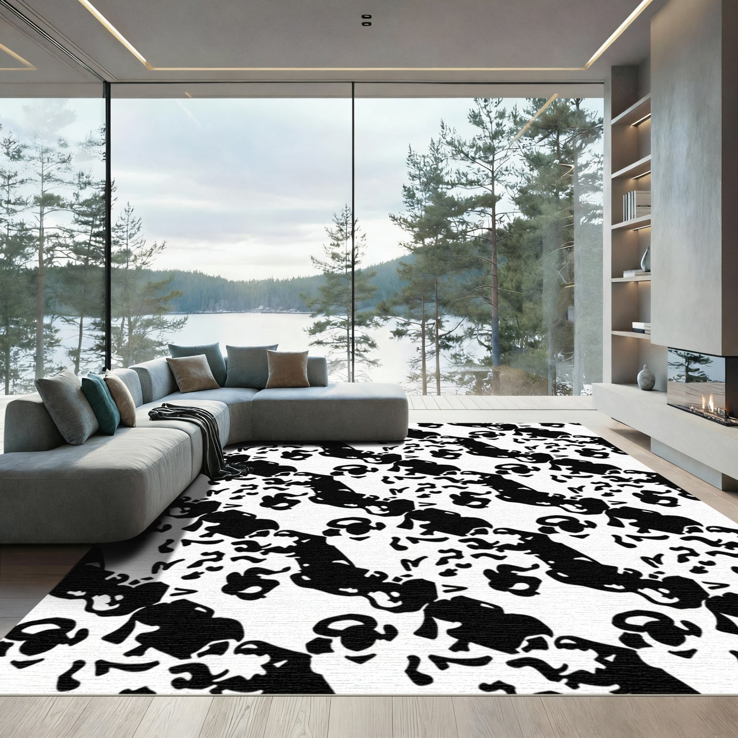 Abstract Black White Organic Swirl Rug