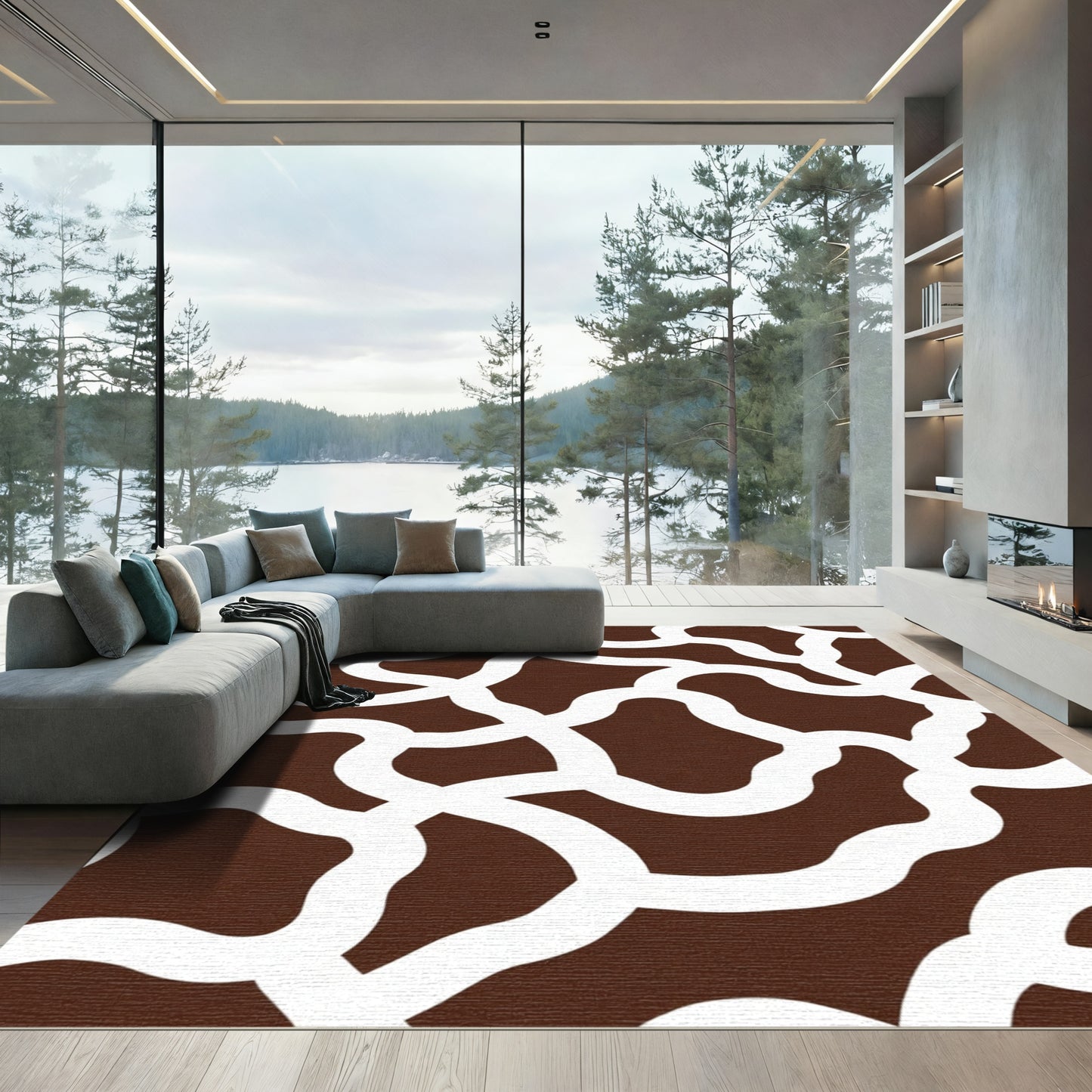 Brown White Organic Intertwined Shapes Rug