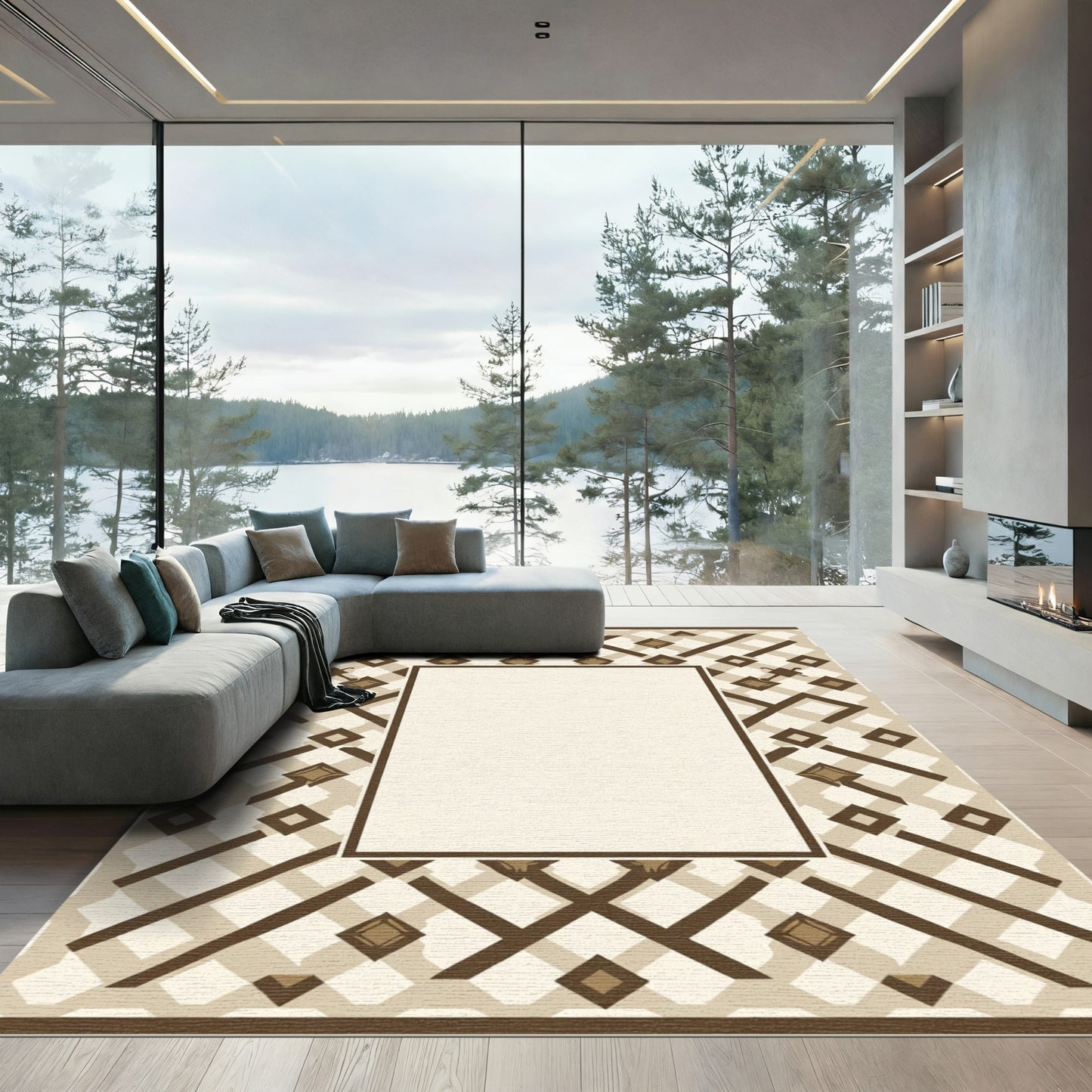 Earthy Brown Lattice Diamond Frame Rug