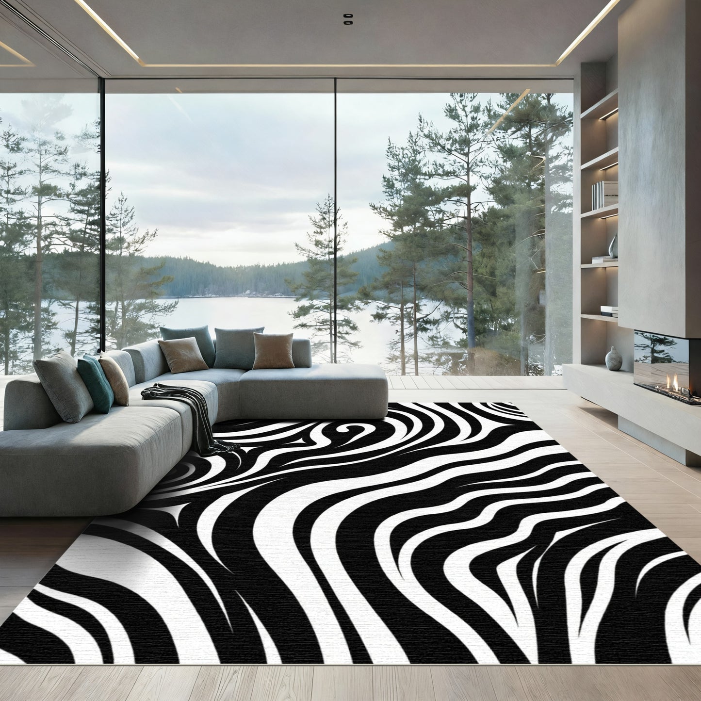 Bold Black White Abstract Swirl Rug