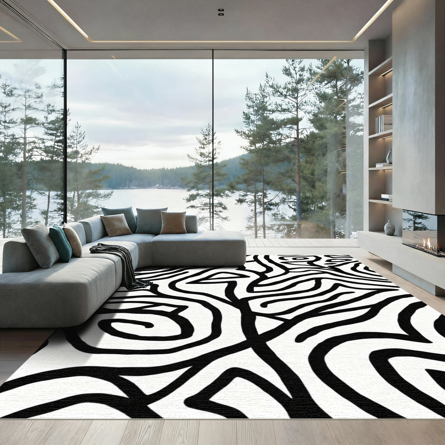 Bold Black White Swirl Stripes Rug