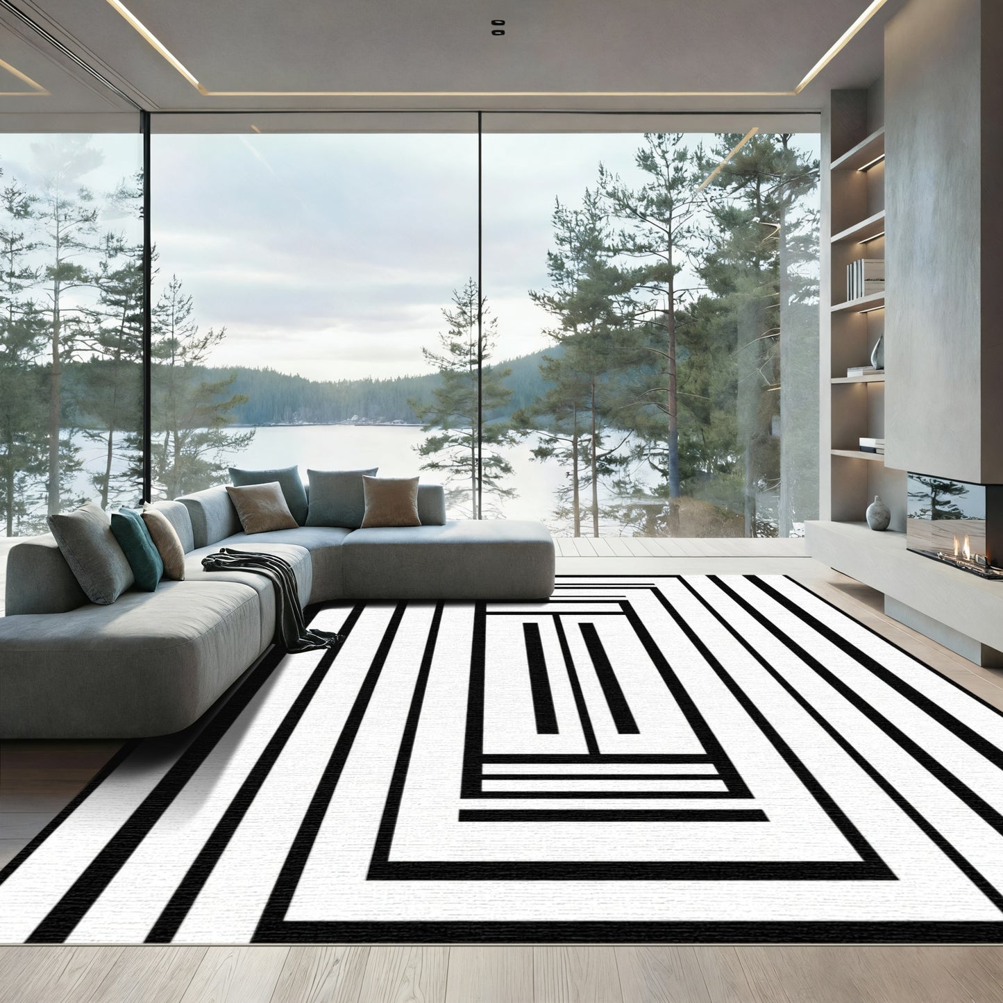 Modern Black White Optical Illusion Stripes Rug