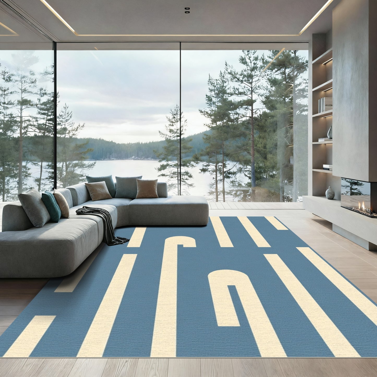 Mid Century Blue Stripe Arch Rug