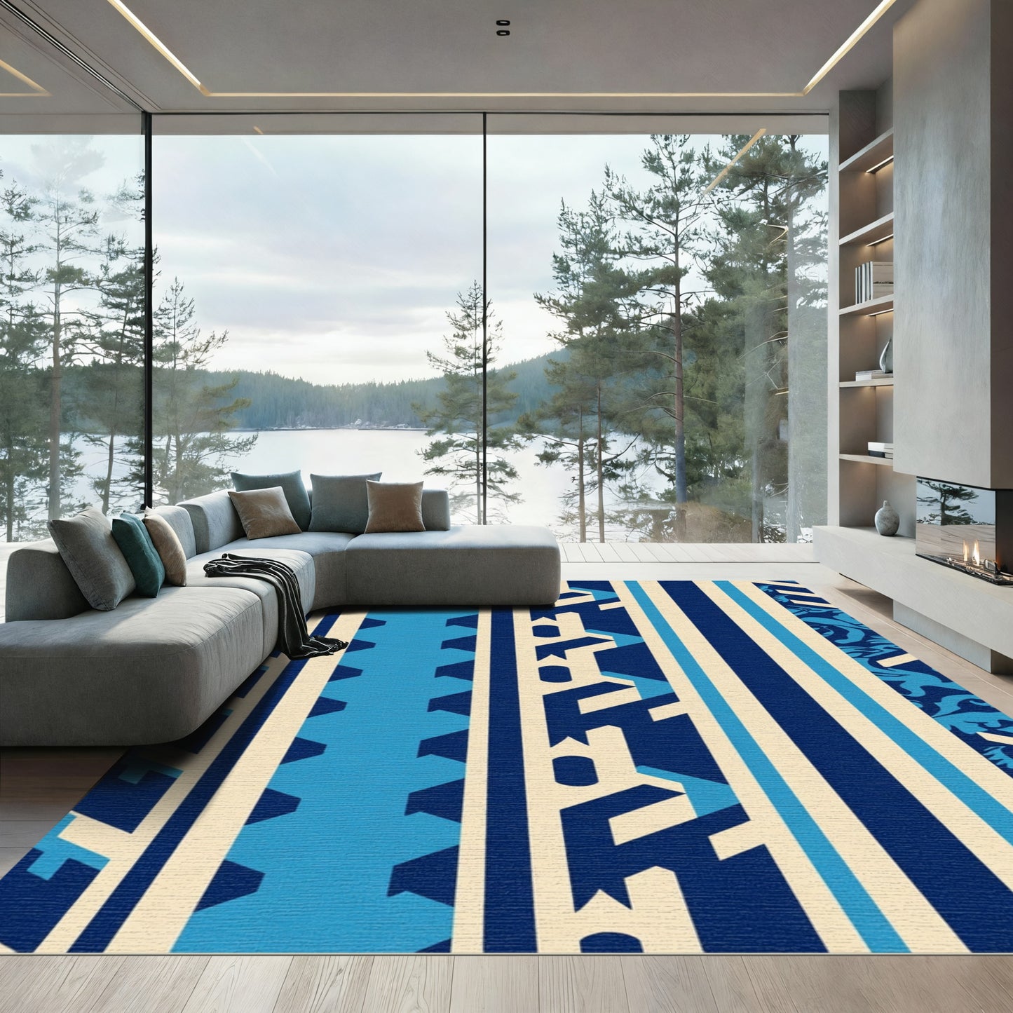 Navajo Inspired Blue Cream Geometric Stripes Rug