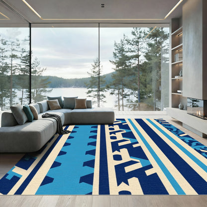 Navajo Inspired Blue Cream Geometric Stripes Rug