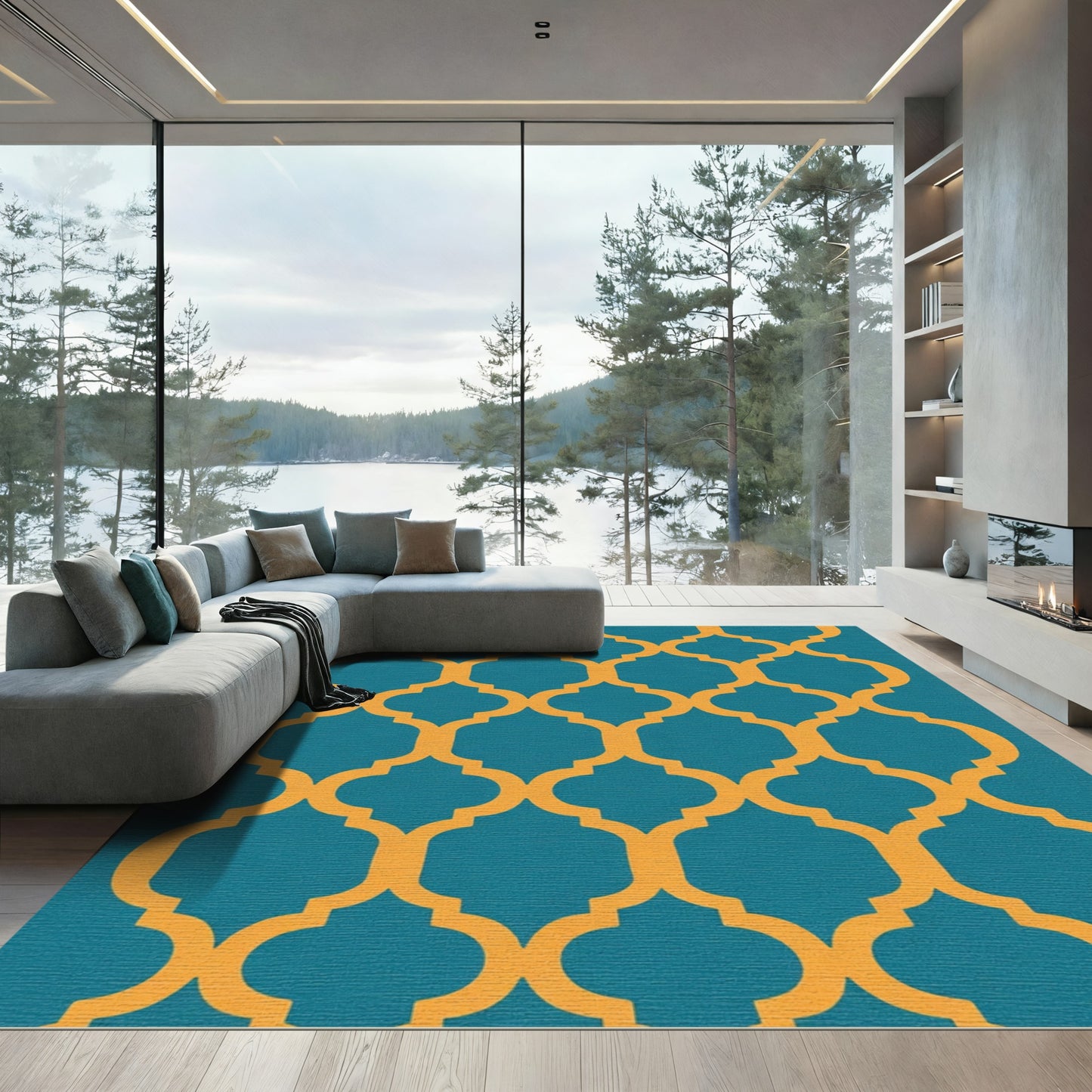 Teal Orange Quatrefoil Lattice Rug