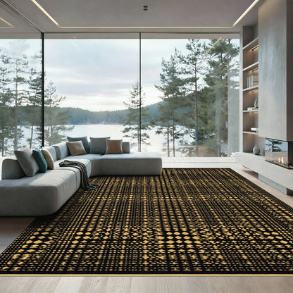 Black And Gold Distorted Grid Rug