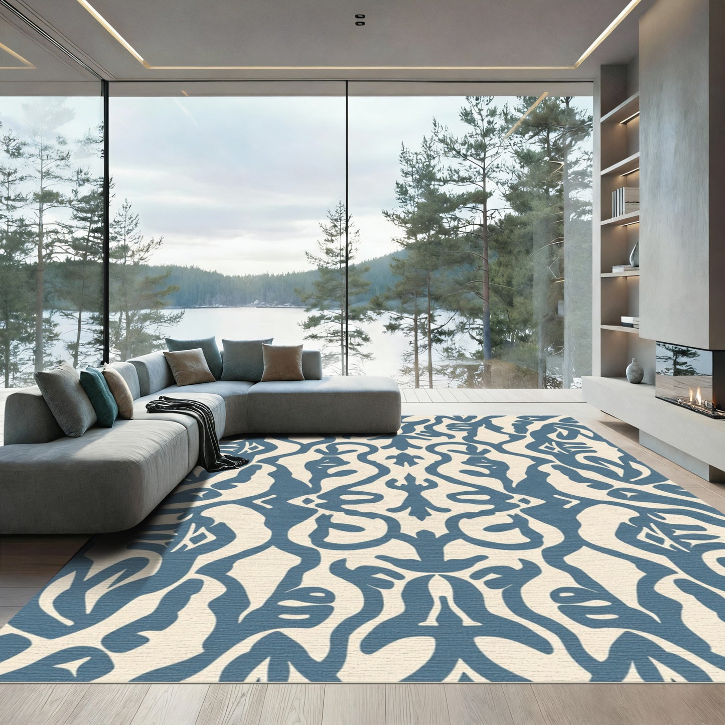 Blue Ivory Abstract Scroll Damask Rug