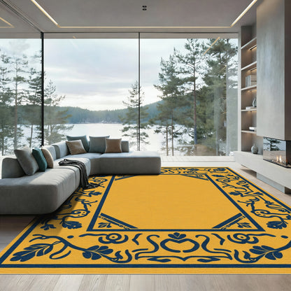 Navy Floral Border Golden Ochre Rug