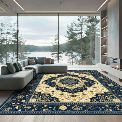 Navy Gold Floral Medallion Heirloom Rug