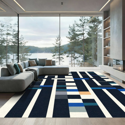 Modern Navy Blue Geometric Block Rug