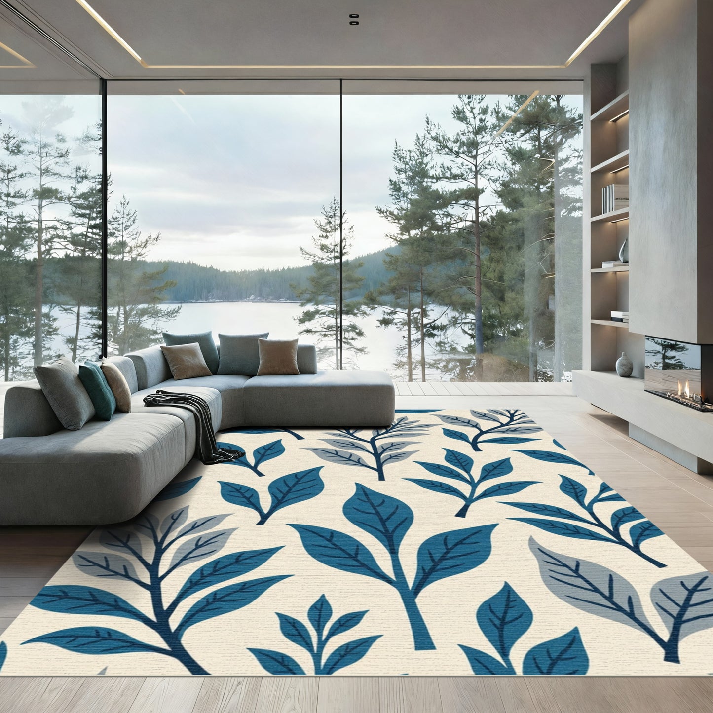 Deep Blue Foliage Contemporary Pattern Rug
