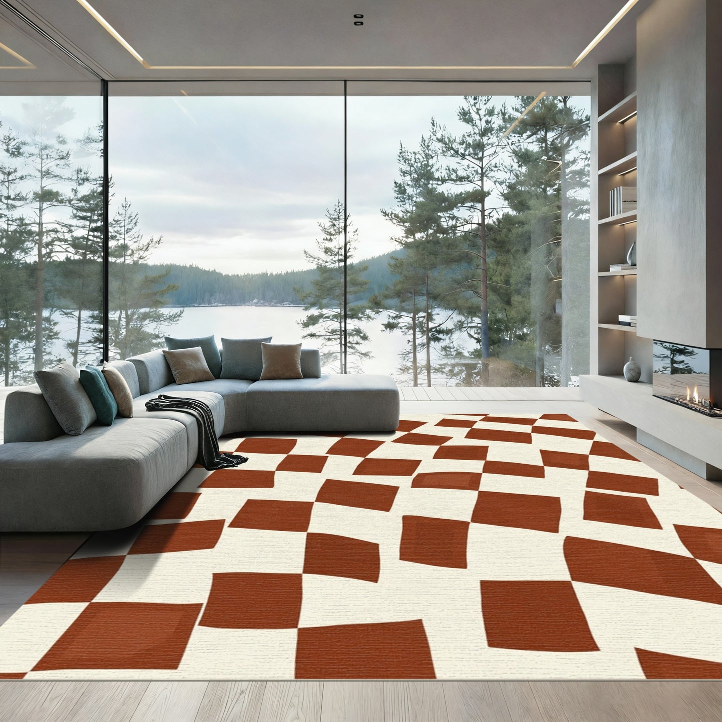 Warped Checkerboard Brown Ivory Rug