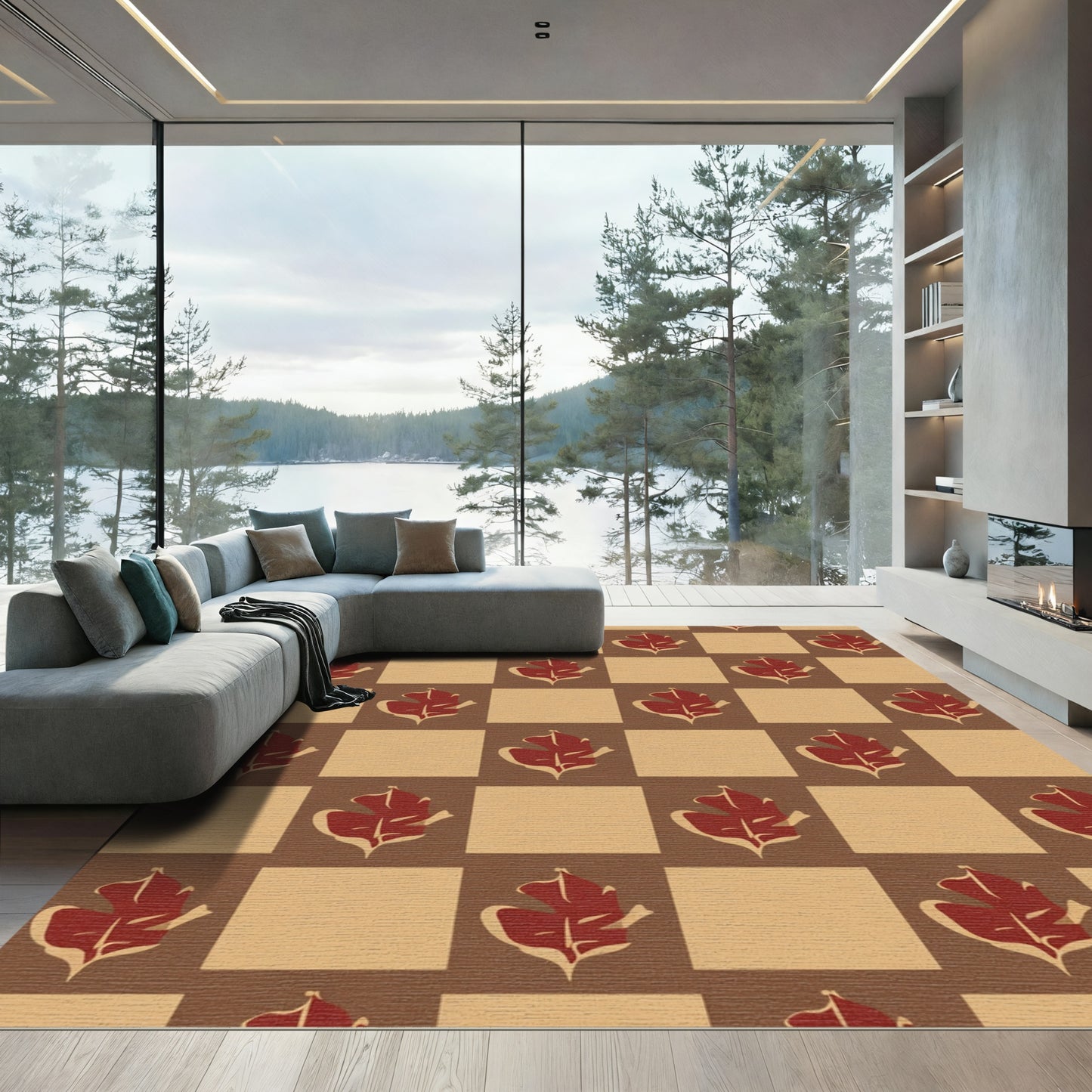 Brown Red Leaf Checkerboard Composition Rug